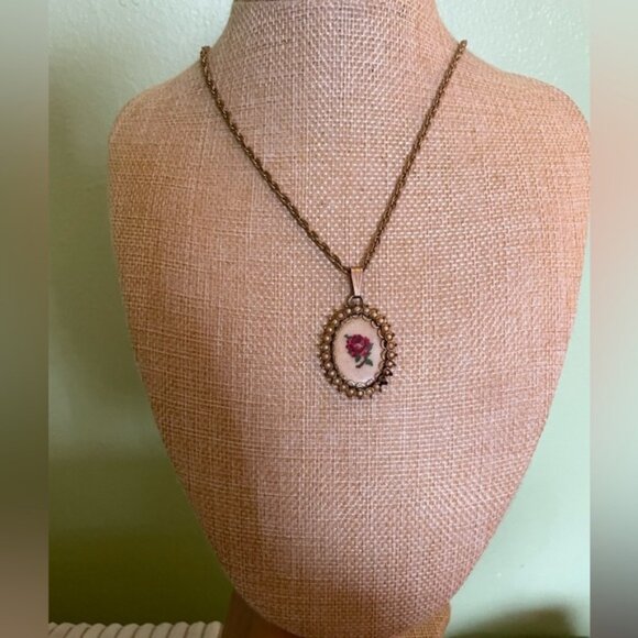 Elegant Gold Pendant Necklace with Rose cross stitch embroidery Design - Picture 1 of 8